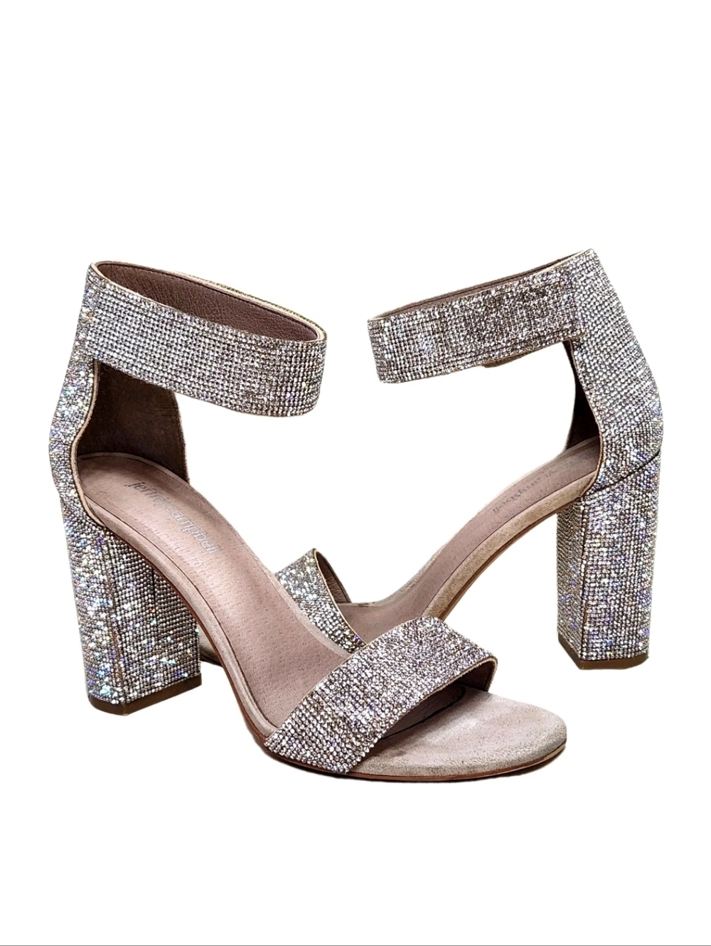 JEFFREY CAMPBELL Lindsay Jeweled Rhinestone Heels IOB Sz 7.5 Champagne Sandals